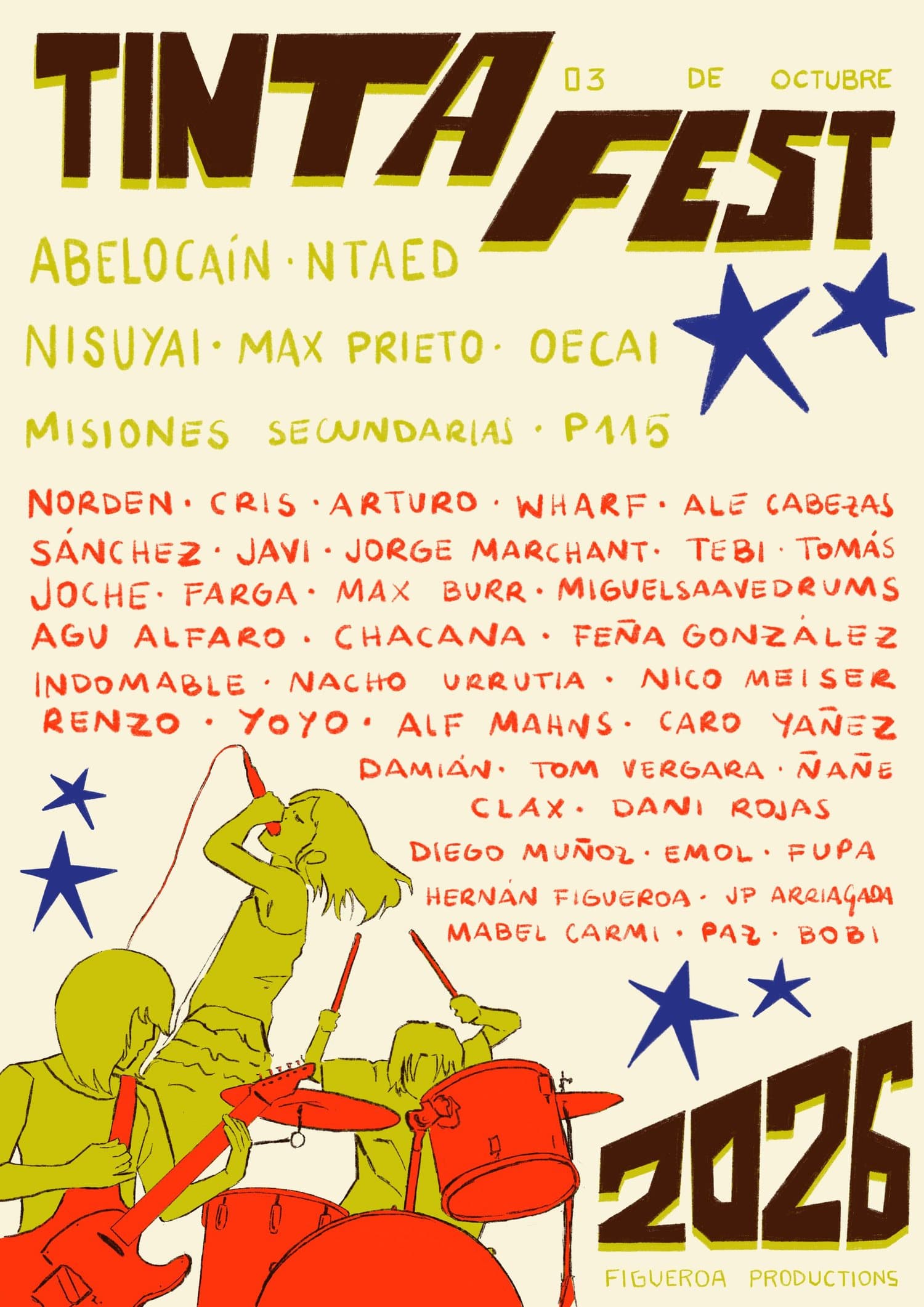 Cartel con el line-up de TintaFest 2026: Abelocaín, Ntaed, Nisuyai, Max Prieto, Oecai, Misiones Secundarias, P115 y más bandas y músicos